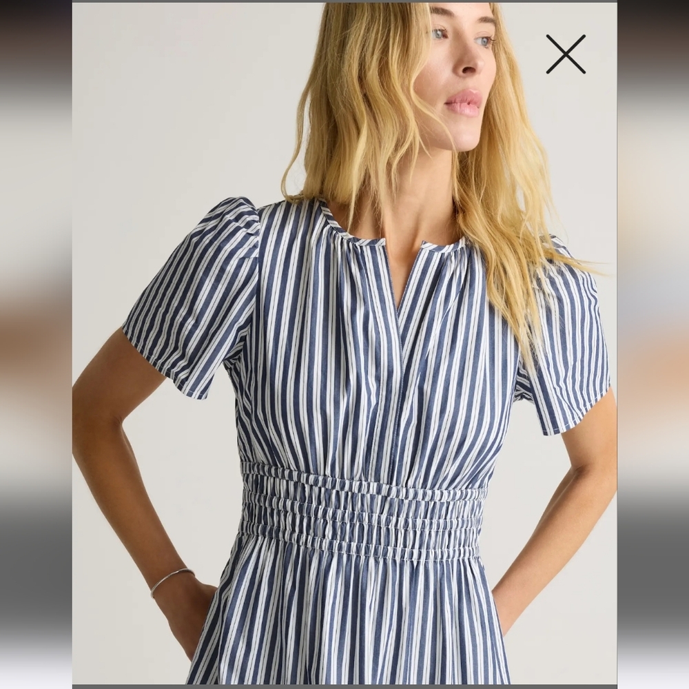 Quince 100% Organic Cotton Navy Striped Tiered Maxi Dress, P2P 18" - Picture 3 of 7